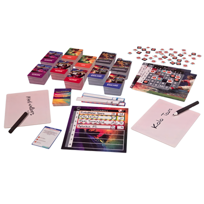 Fotballquiz brettspill med poengtavle, oppgavekort, resultatkort, svarkort og ligatabell