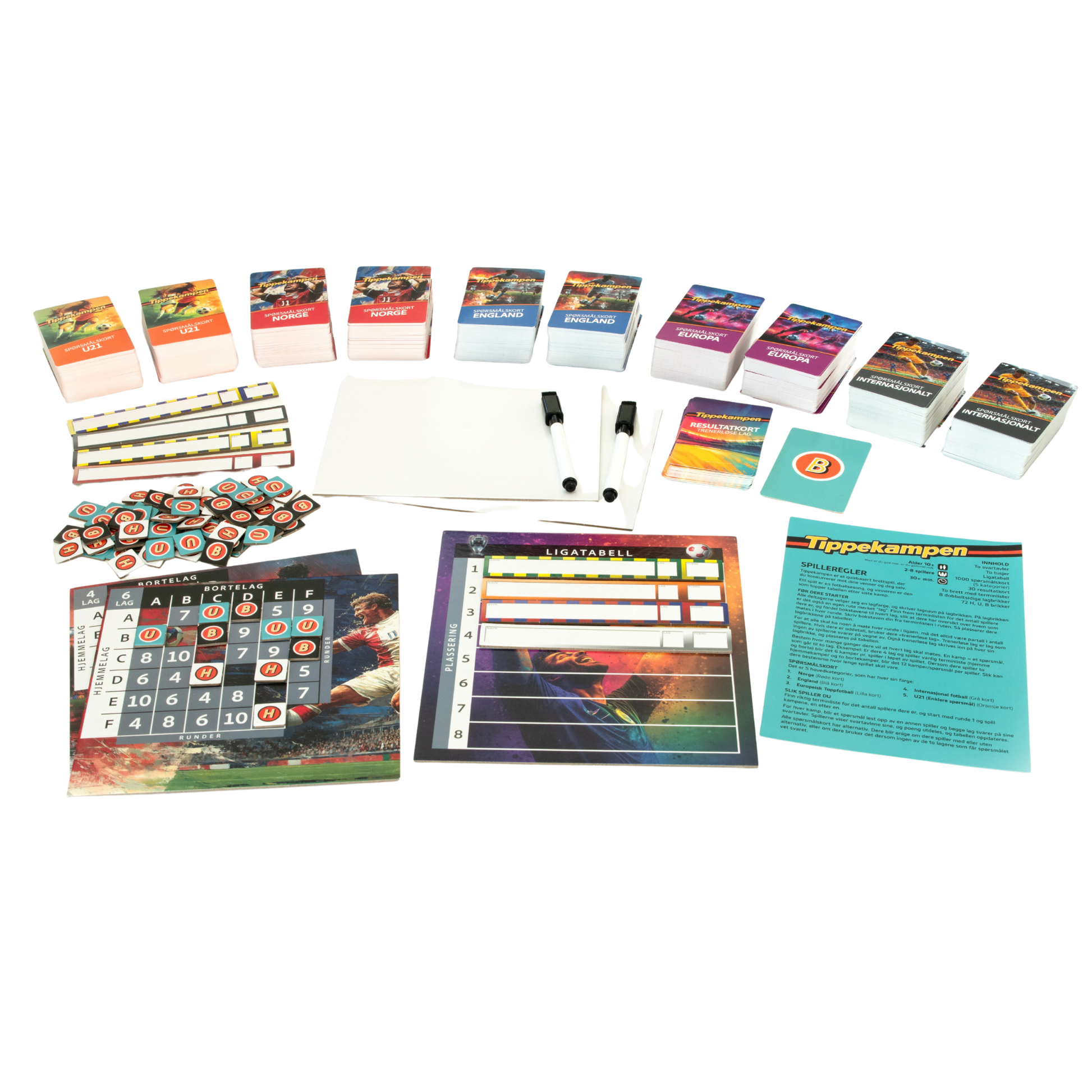 Fotballquiz brettspill med poengtavle, oppgavekort, resultatkort, svarkort og ligatabell