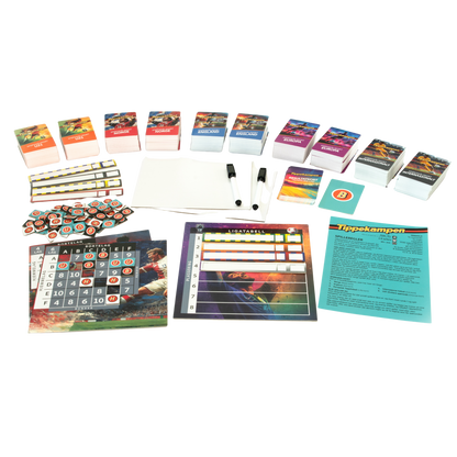 Fotballquiz brettspill med poengtavle, oppgavekort, resultatkort, svarkort og ligatabell