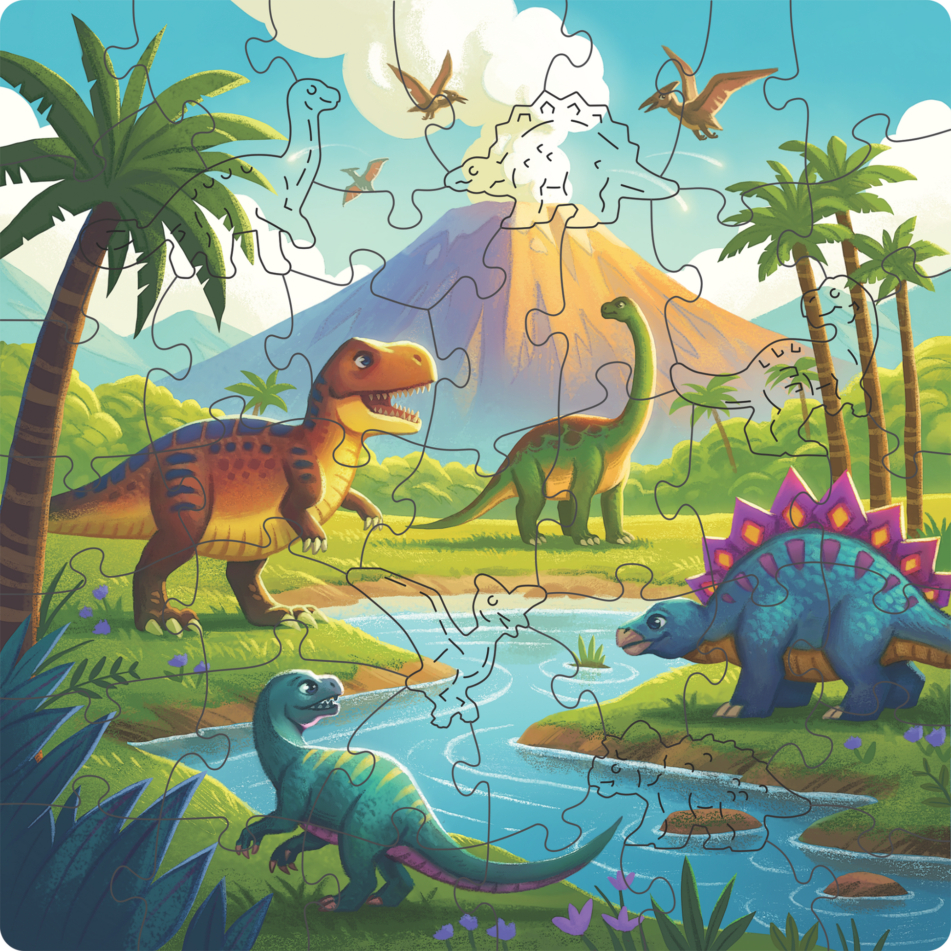 Dinosaurer trepuslespill ferdig puslet med fargerike dinosaurer og 44 store trebrikker for barn