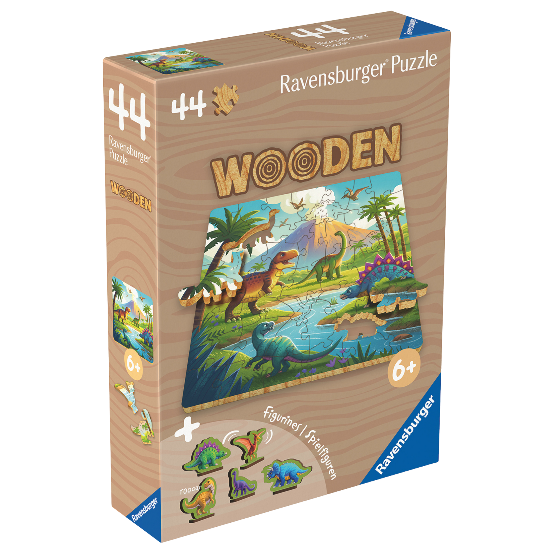 Dinosaurer trepuslespill eske med fargerike dinosaurer og 44 store trebrikker for barn