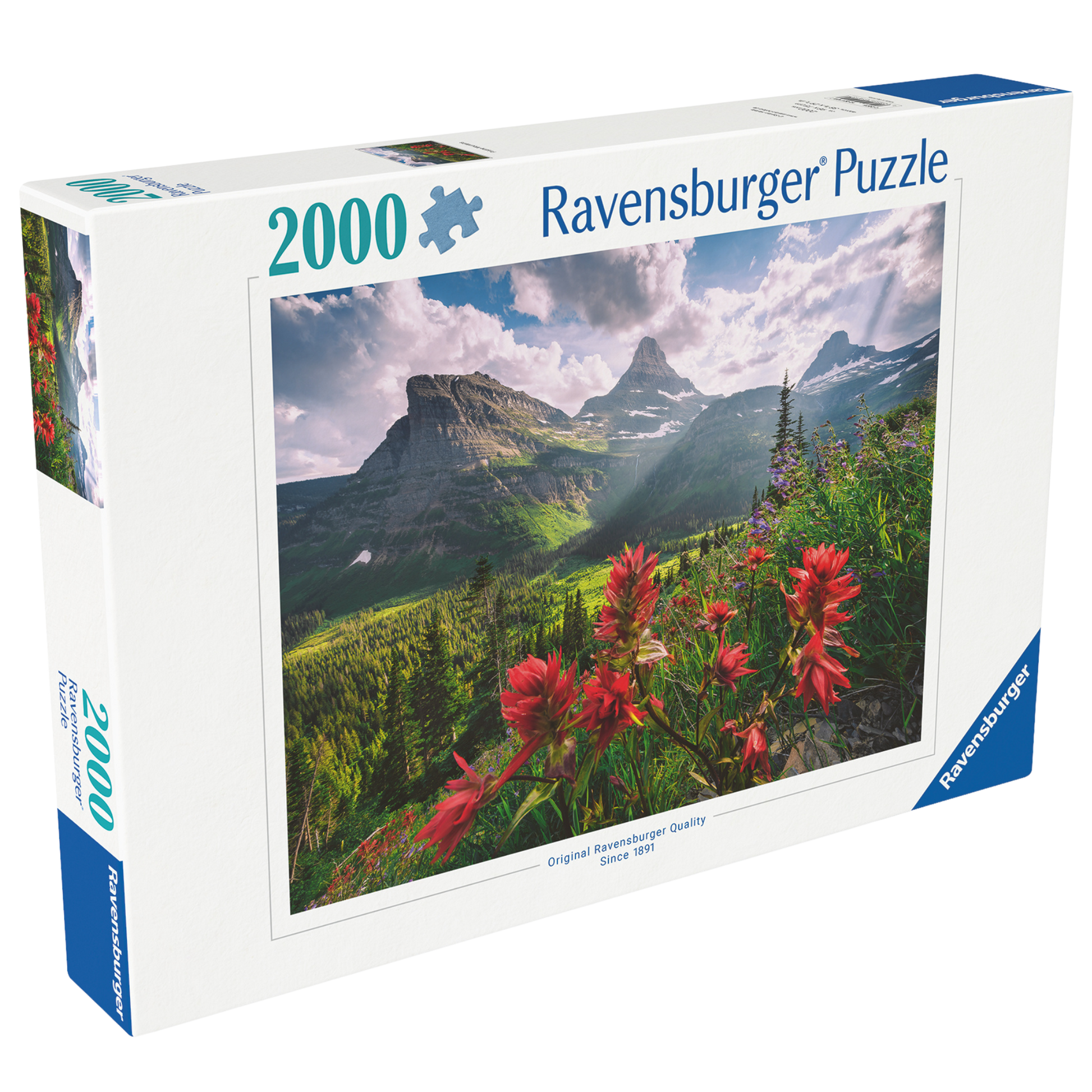 Uberørte Fjell 2000 brikker Ravensburger puslespill eske med fjelllandskap og blomster motiv