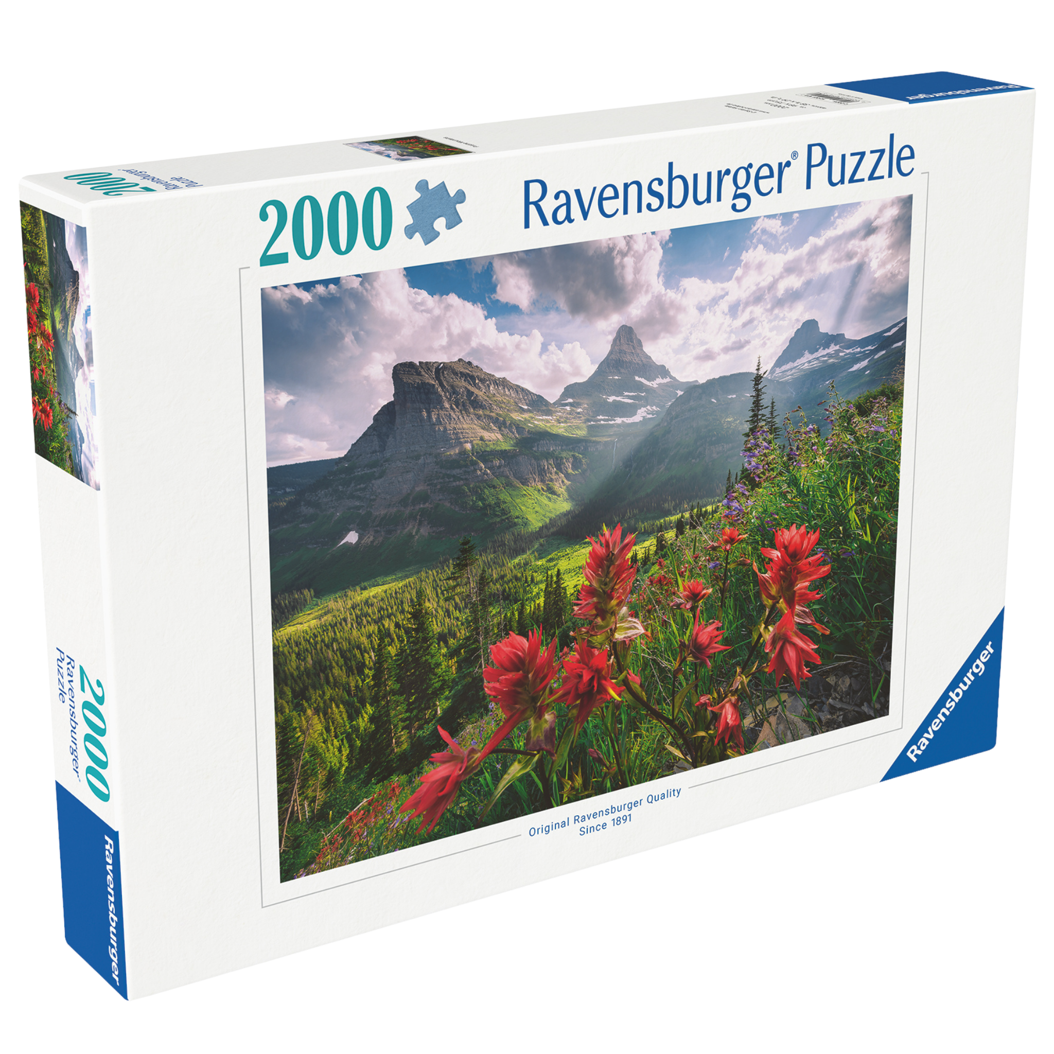 Uberørte Fjell 2000 brikker Ravensburger puslespill eske med fjelllandskap og blomster motiv