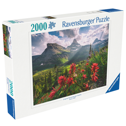 Uberørte Fjell 2000 brikker Ravensburger puslespill eske med fjelllandskap og blomster motiv