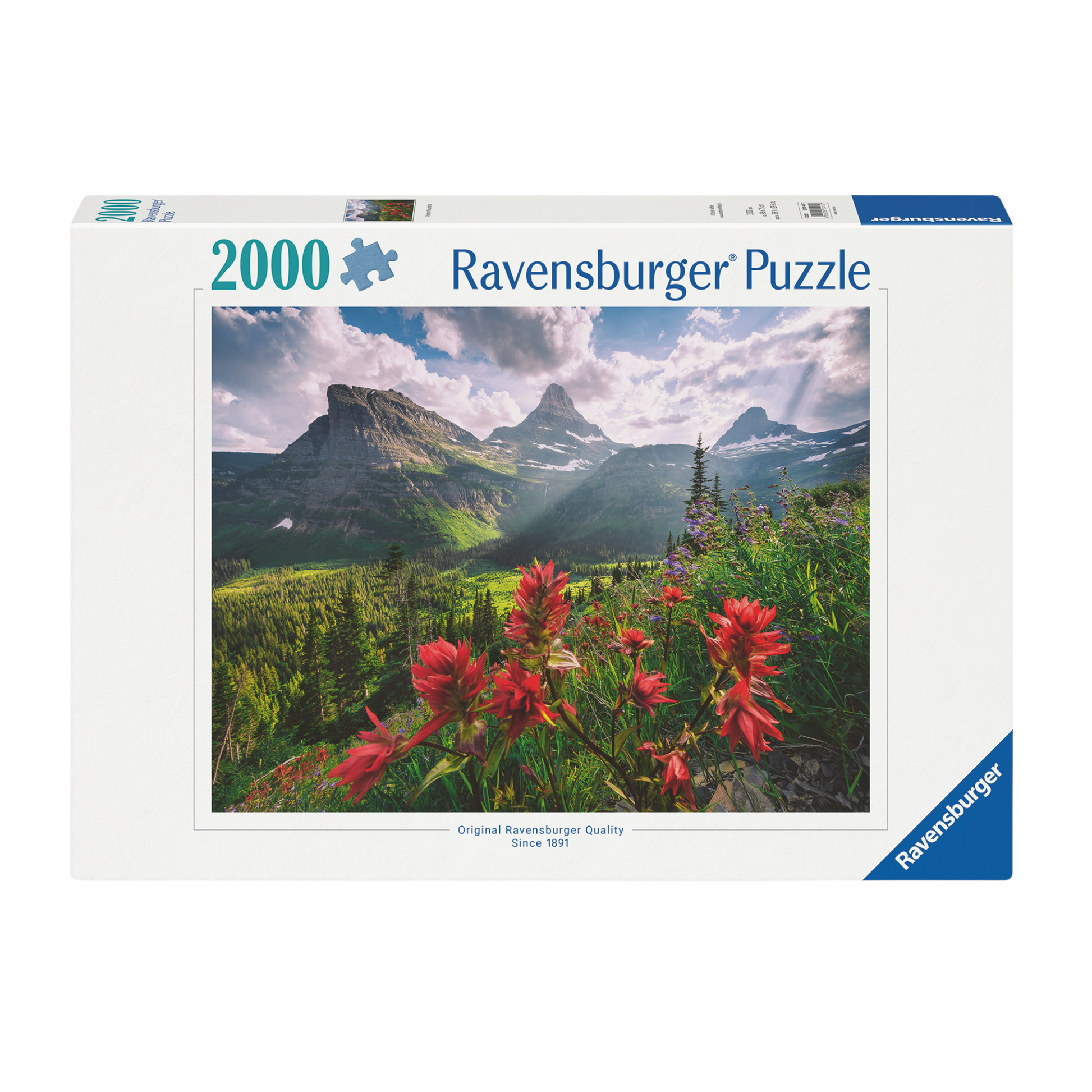Uberørte Fjell 2000 brikker Ravensburger puslespill eske med fjelllandskap og blomster motiv