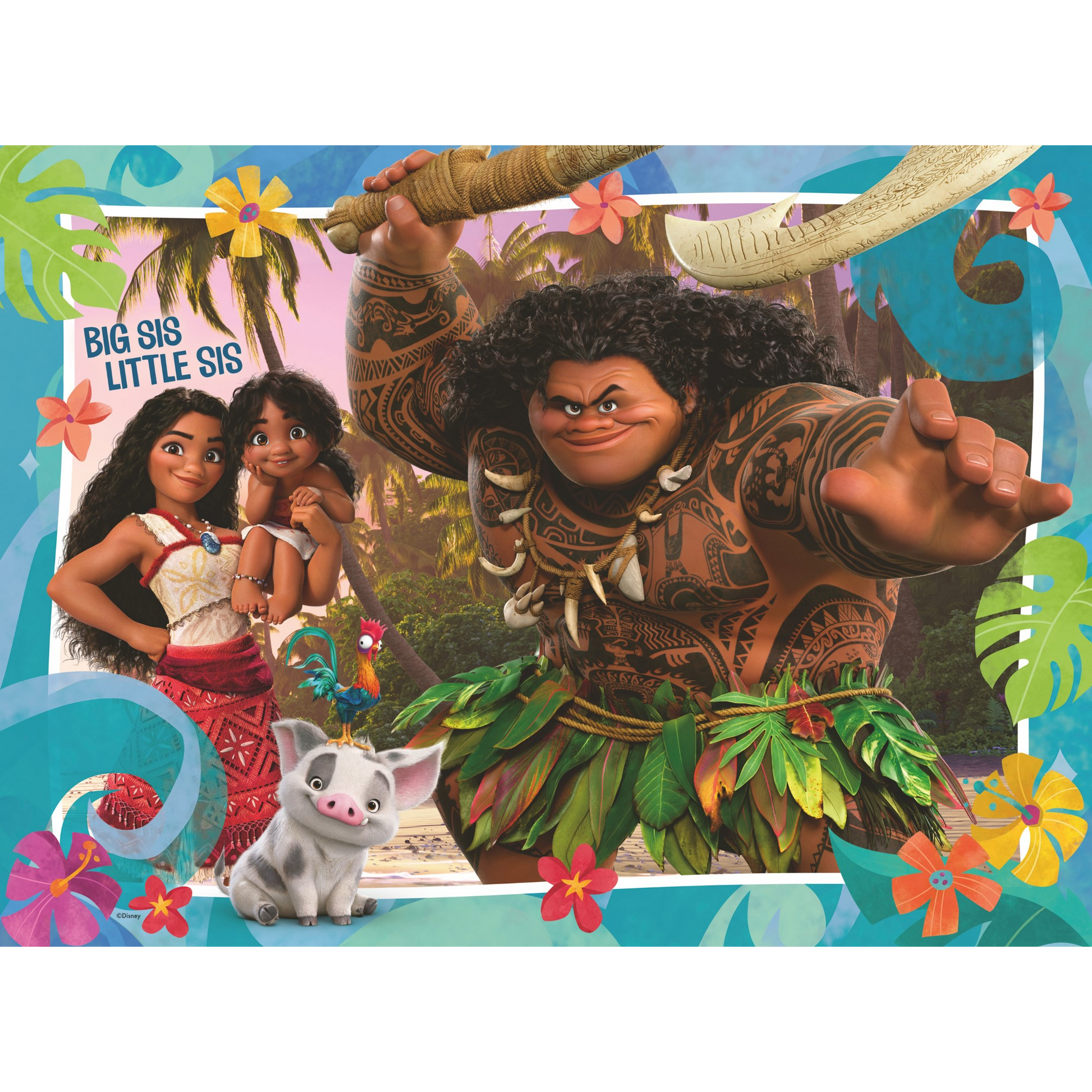 Disney Vaiana 2 illustrasjon med Vaiana, Maui, Pua og tropisk øy-scene