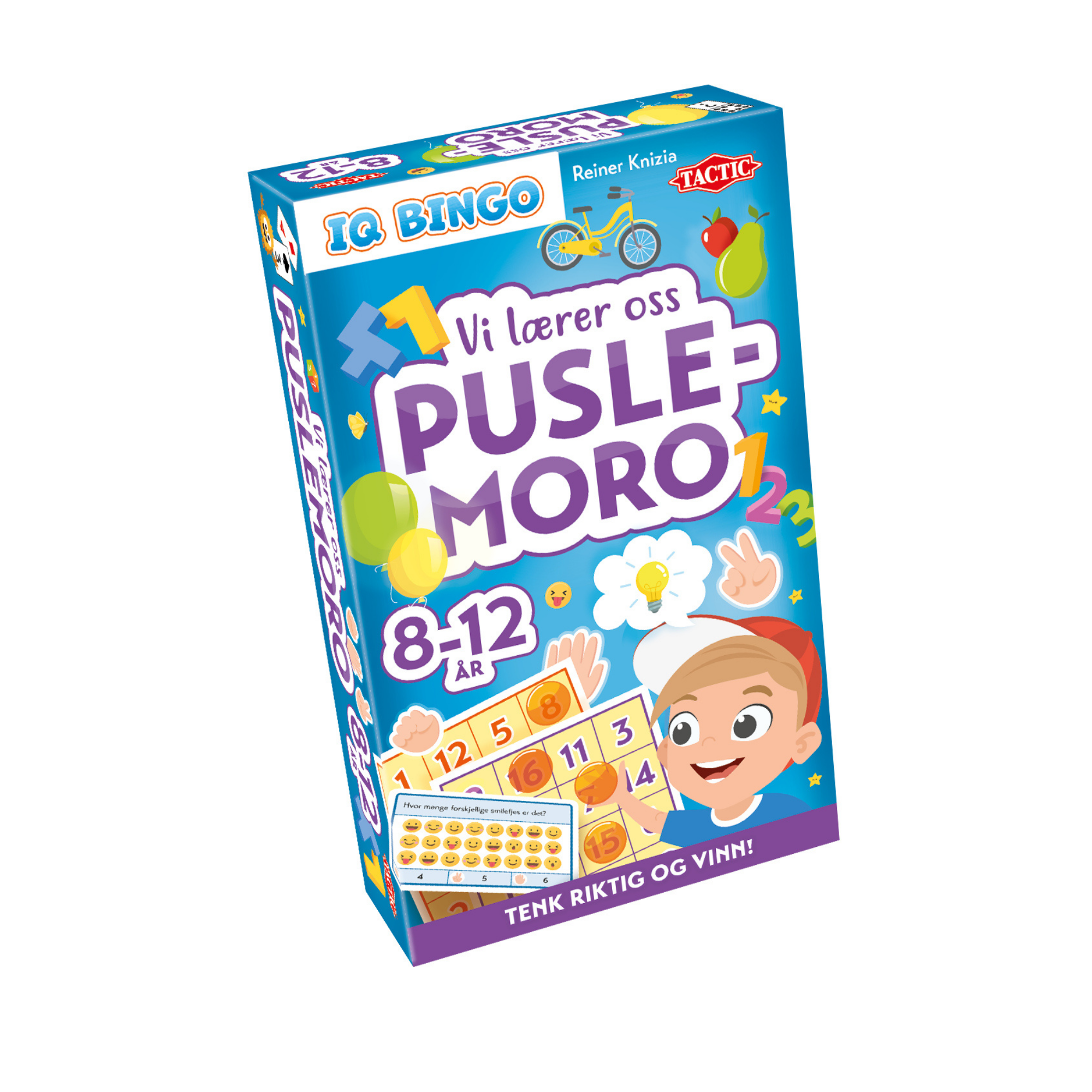 Brettspill eske for Vi lærer oss puslemoro 8-12 år med illustrasjon av gutt og bingobrett