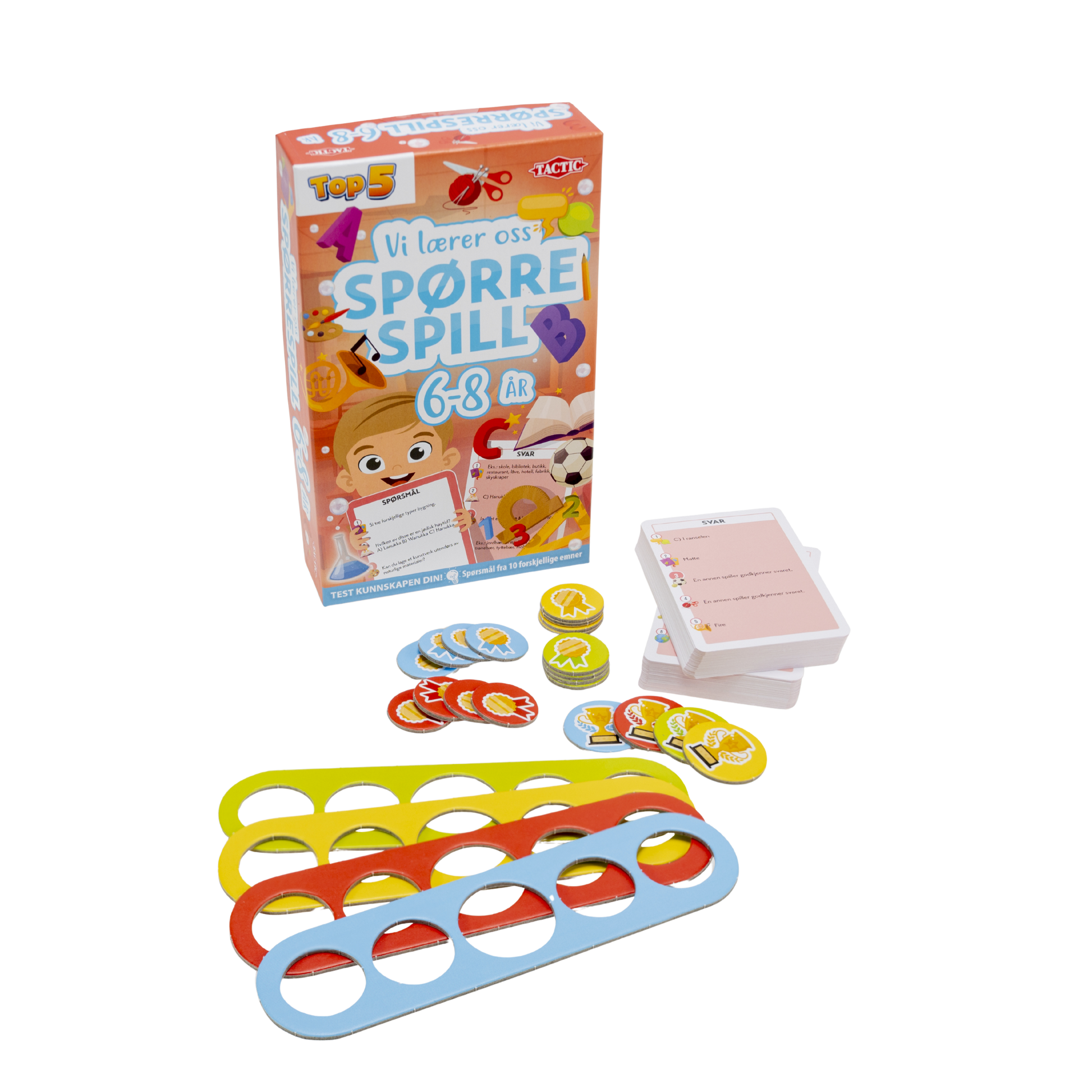 Vi lærer oss spørrespill 6-8 år brettspill eske med oppgavekort og brikker foran
