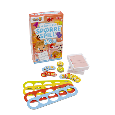 Vi lærer oss spørrespill 6-8 år brettspill eske med oppgavekort og brikker foran