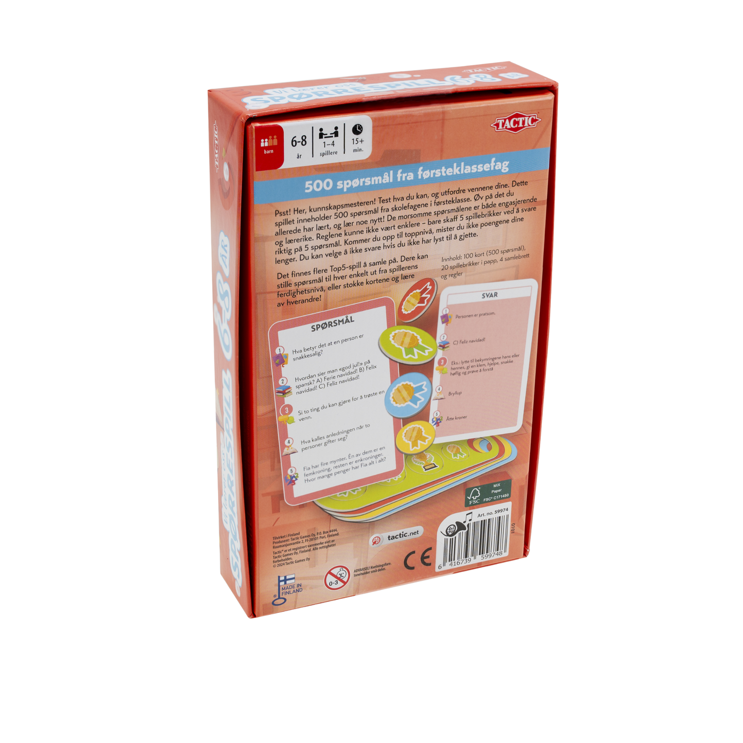 Vi lærer oss spørrespill 6-8 år brettspill bakside eske med instruksjoner og oppgavekort