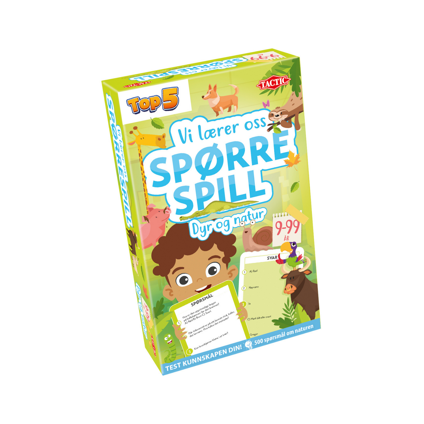 Vi lærer oss spørrespill dyr og natur. Brettspill-eske med illustrasjon av barn, dyr og oppgavekort