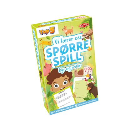 Vi lærer oss spørrespill dyr og natur. Brettspill-eske med illustrasjon av barn, dyr og oppgavekort