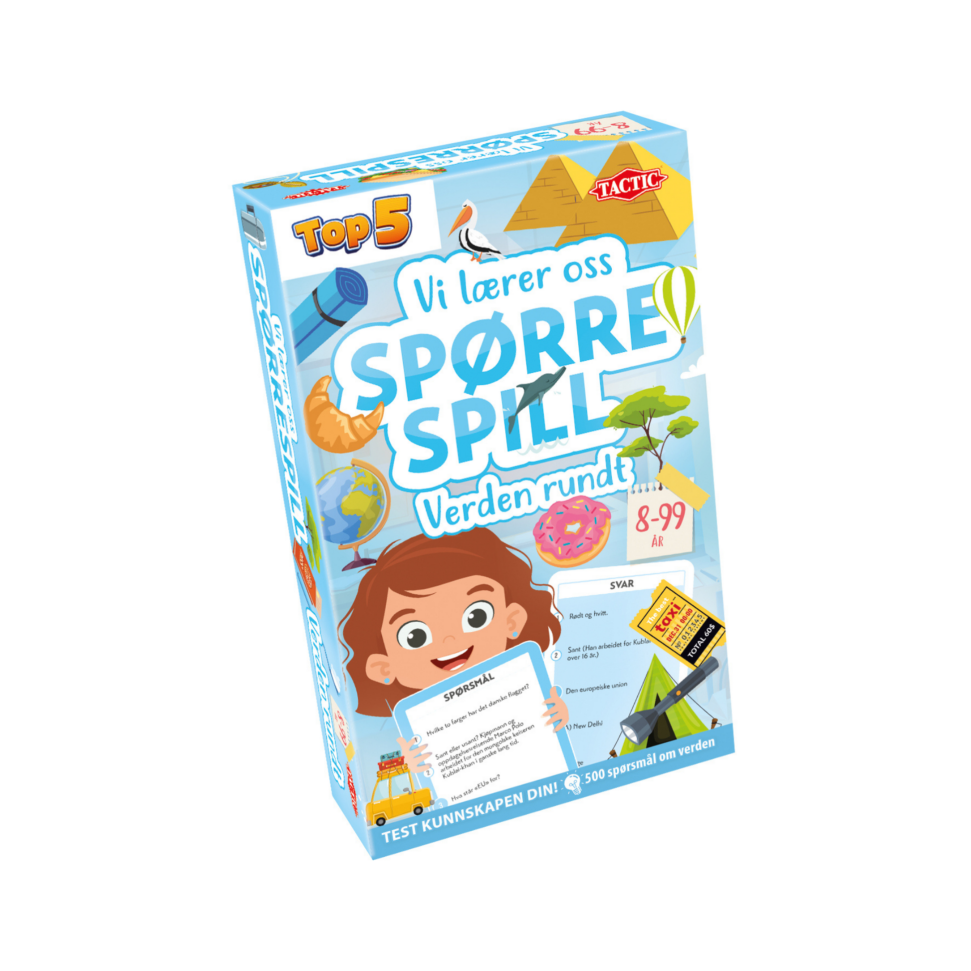 Vi lærer oss spørrespill verden rundt brettspill. Produkteske med illustrasjoner av barn og oppgavekort