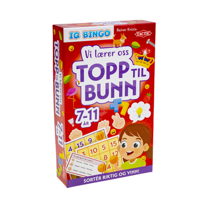 Brettspill Vi lærer oss topp til bunn eske med illustrasjon av barn og bingobrett